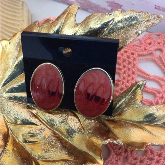 Vintage 80’s Enamel Earrings Gold Metal Base Red Pink Swirls Oval Earrings Post - Picture 11 of 14